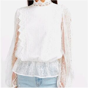 Express Scalloped Lace Mock Neck Peplum Top
